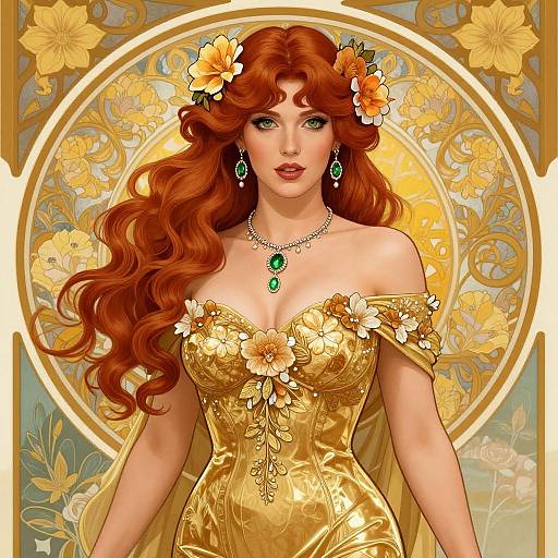 Digital art of a fair-skinned, red-haired woman with green eyes, wearing a golden, floral-embellished off-shoulder dress and