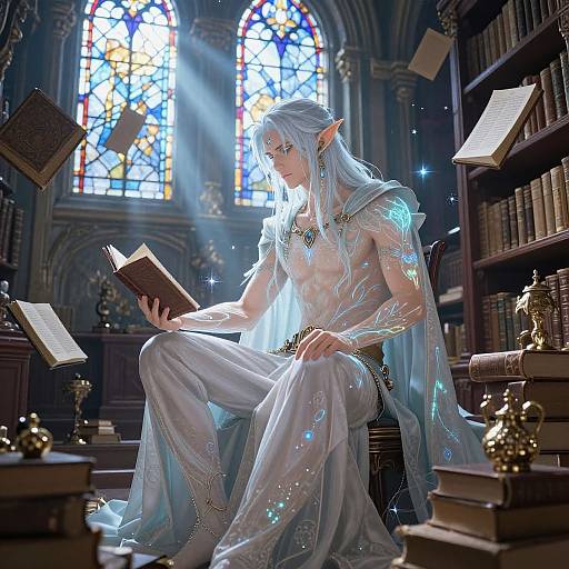 Anime Elf Man Reading in Magical Library