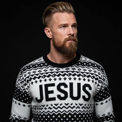 Photograph of a bearded Caucasian man with slicked-back brown hair, wearing a black and white patterned Christmas sweater with 