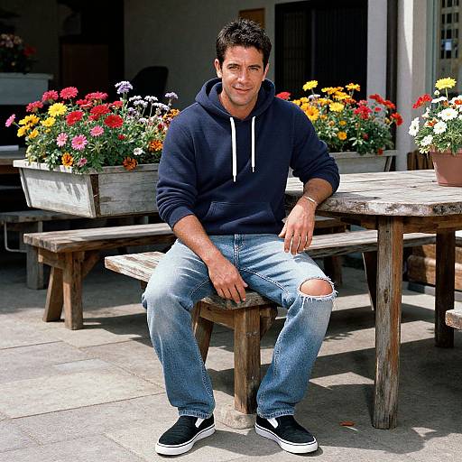 Chic Man on Sunlit Rustic Patio