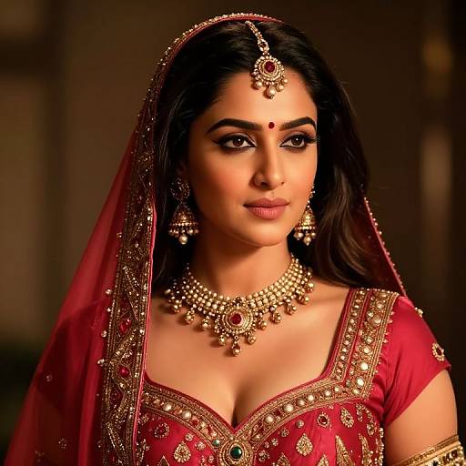 Photograph of a beautiful South Asian woman in traditional red bridal attire, adorned with gold jewelry, a headpiece, and veil, against a warm,