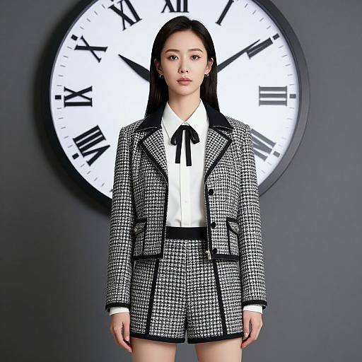 Photograph of an Asian woman with long black hair, wearing a black-and-white houndstooth suit, white shirt with black ribbon, standing in