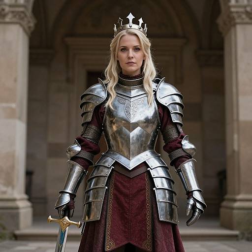 Photograph of a blonde woman in silver medieval armor with a crown, holding a sword, standing in a stone archway.