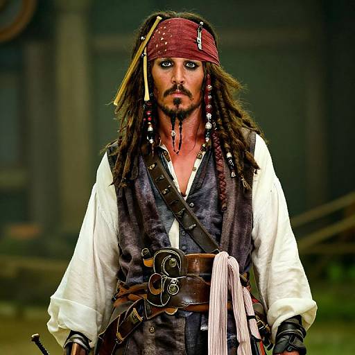 Photograph of a rugged, long-haired pirate with a red bandana, white shirt, black vest, and numerous belts and accessories, looking intense.