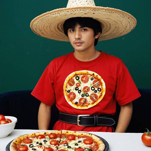 Young Man in Mexican Pizza Costume with Sombrero Hat