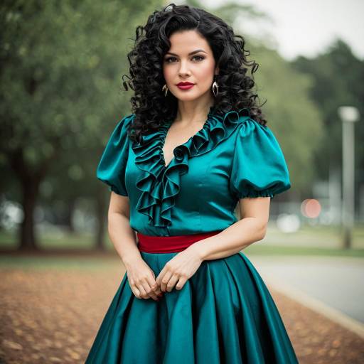 Woman in Teal Silk Ruffle Blouse and Skirt