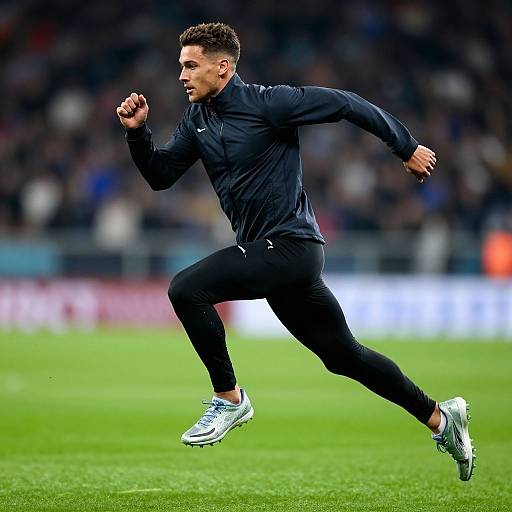 Photograph of a male soccer player mid-jump, wearing black athletic gear and white Nike shoes, with green grass and blurred stadium background. Dynamic,