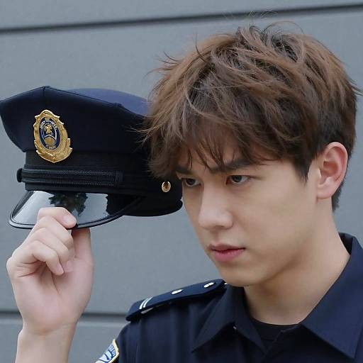 Focused Young Man with Police Hat