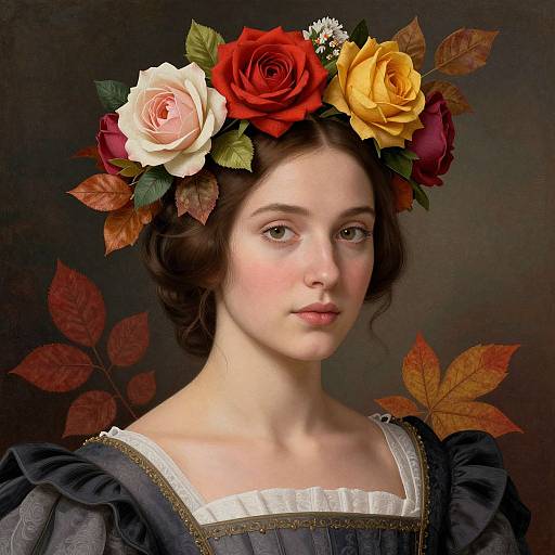 Digital portrait of a fair-skinned young woman with brown hair, wearing a floral crown of red, yellow, and white roses, and a dark blue