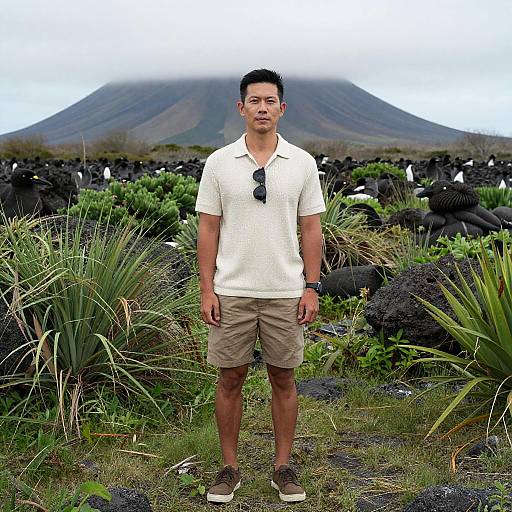 Photograph of an Asian man in a white polo shirt and beige shorts, standing in front of a volcanic landscape with black rocks and green plants, mountains