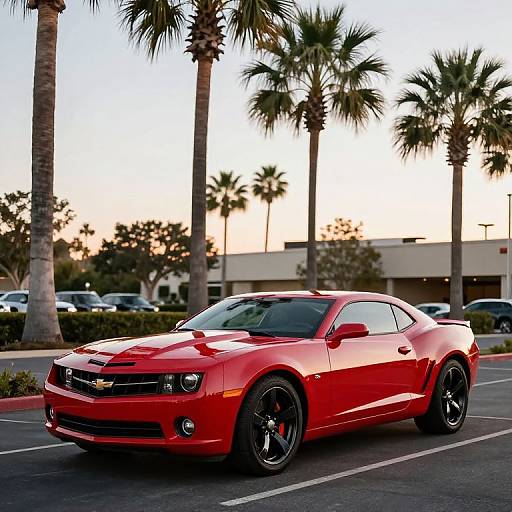 Photograph of a shiny red Dodge Challenger parked in a palm-tree-lined parking lot at sunset, with a modern building in the background.
