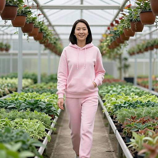 Smiling Asian Woman in Vibrant Greenhouse