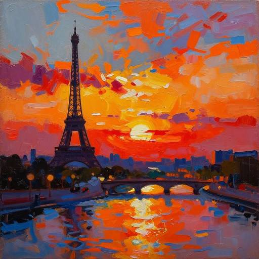 Vibrant digital painting of the Eiffel Tower at sunset, with bold red, orange, and blue brushstrokes reflecting in a river.