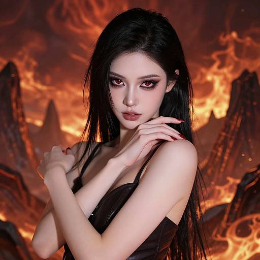 Digital artwork of an ethereal, pale-skinned woman with long black hair, red eyes, and black dress, set against a fiery, volcanic background