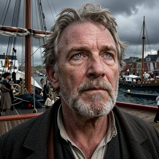 Photograph of a rugged, middle-aged man with gray hair and beard, wearing a dark coat, standing on a wooden dock with a cloudy sky and