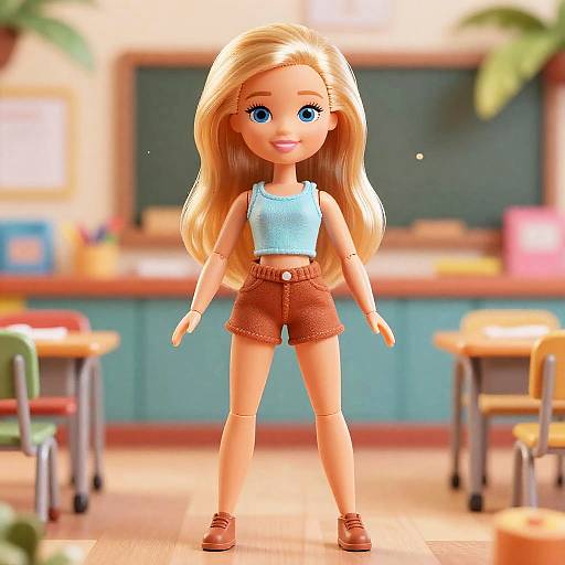 Blonde Cartoon Doll in Colorful Kindergarten Classroom