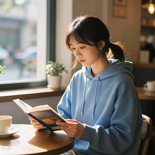 Photograph of a young woman with fair skin and black hair in a ponytail, wearing a light blue hoodie, reading a book at a sunlit