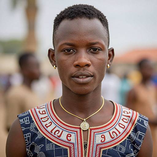 Photograph of a young African man with short, curly hair, wearing a traditional, patterned sleeveless top with red and white geometric designs, gold