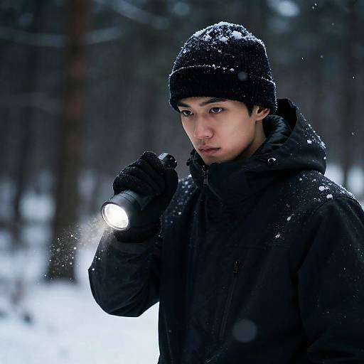 Intense Young Man in Snowy Forest