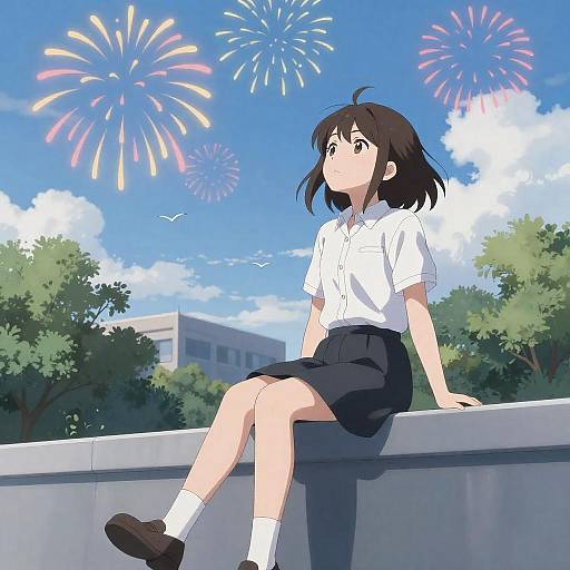 Brown-Haired Girl Amid Fireworks and Blue Sky