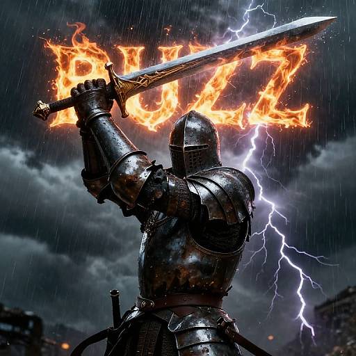 Photograph of a knight in shiny silver armor holding a sword with flames and lightning encircling his head in a stormy, rainy night.