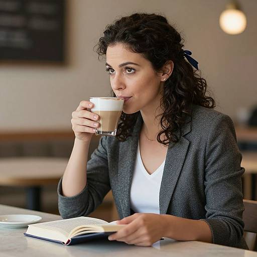 Photograph of a curly-haired woman with fair skin, sipping iced coffee, wearing a gray cardigan over a white top, reading an open