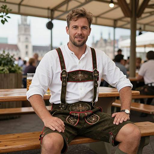 Photograph of a smiling, middle-aged Caucasian man with curly brown hair, wearing a white shirt, black leather Bavarian vest, and dark shorts,