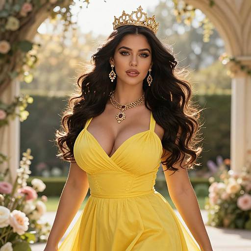 Photograph of a beautiful woman with long black hair, wearing a golden crown, yellow gown with deep V-neck, and gold jewelry, standing in a