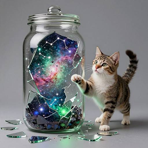 Photograph of a curious tabby kitten with white paws and chest, pawing a glass jar containing a shattered, glowing, cosmic-themed scene with