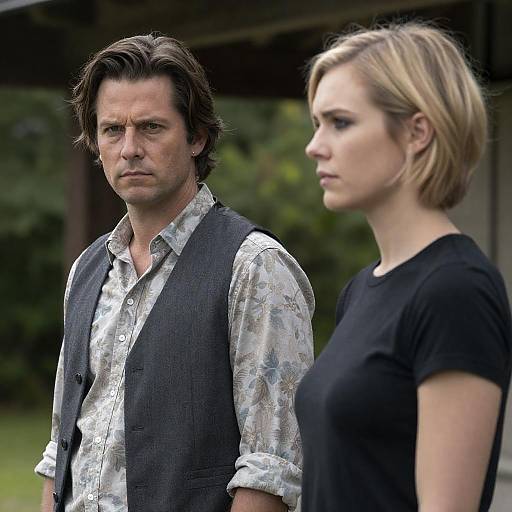 Photograph of serious-looking man with dark hair in floral shirt and vest, standing beside blonde woman in black shirt, outdoors.