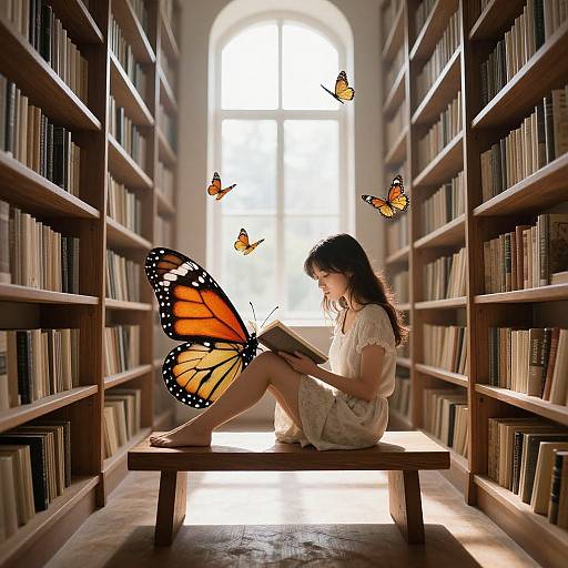 Photograph of a woman in a white dress, reading a book while seated on a wooden bench in a library, surrounded by floating orange and black monarch