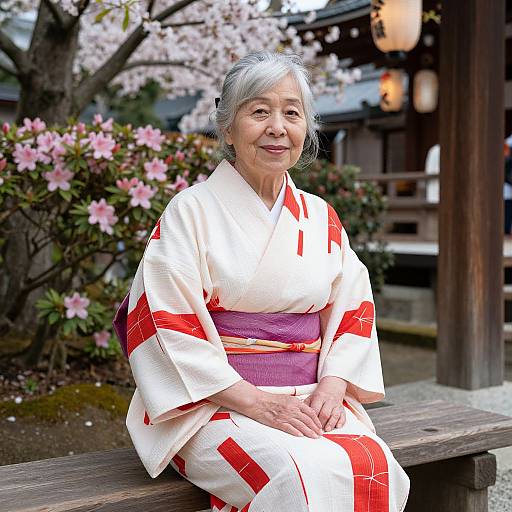 Photograph of an elderly Japanese woman with gray hair, wearing a white kimono with red patterns and purple obi, sitting on a wooden bench in