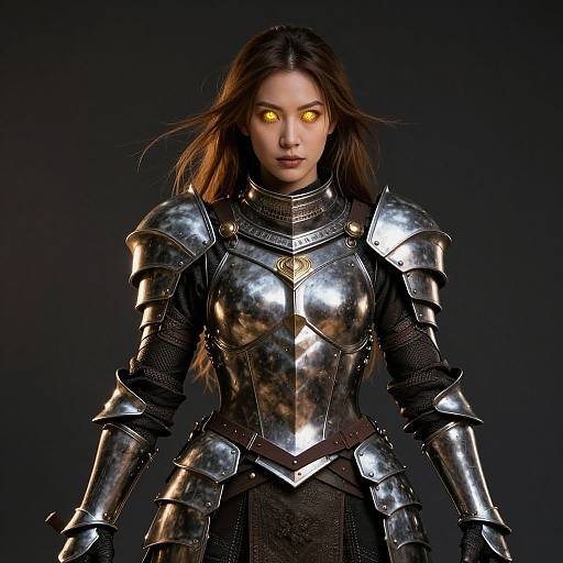 CGI image of a fierce, glowing-eyed woman in shiny, reflective medieval armor with long brown hair, set against a dark background.