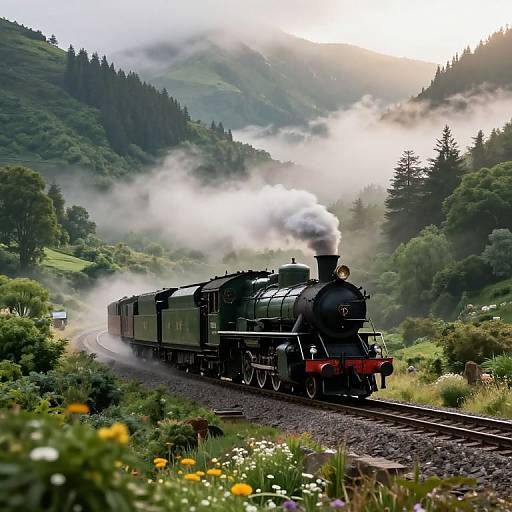 Vintage black steam locomotive with billowing white smoke winds through misty, green mountain landscape, surrounded by wildflowers and dense forest.