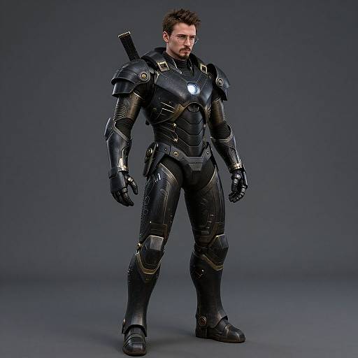 Photograph of a muscular man in detailed, black, futuristic armor with gold accents, standing against a gray background, holding a black gun on his back