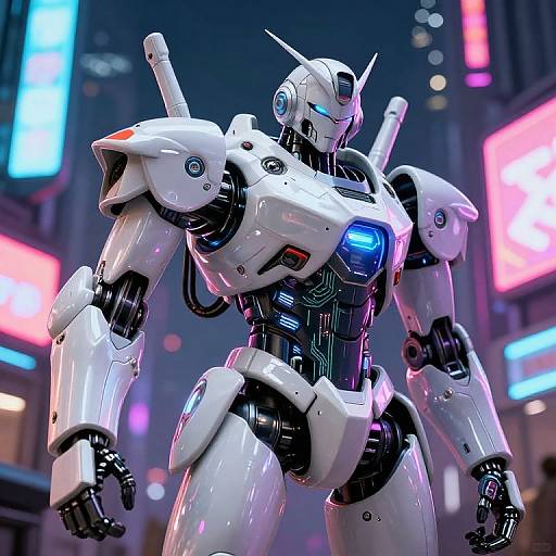CGI image of a white, glowing-blue-eyed, futuristic robot with black circuitry, standing in a neon-lit city street at night.