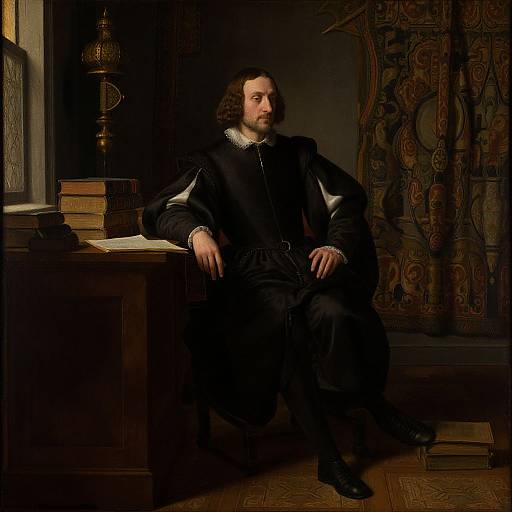 Photograph of a 16th-century European man in dark, elaborate clothing, seated by a wooden desk with books, lamp, and ornate curtain