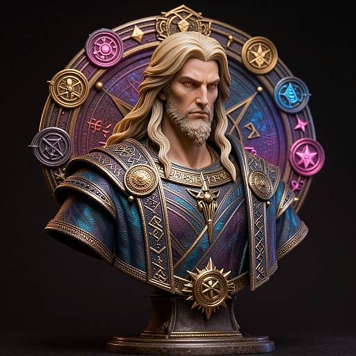 Digital artwork of a bearded, long-haired man with a serious expression, wearing ornate, blue and gold magical armor with circular, colorful runes behind