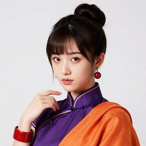Photorealistic Woman in Purple Cheongsam Pose
