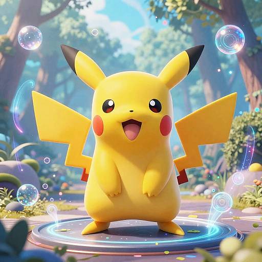 Digital art of happy Pikachu standing on glowing circular platform in sunny forest, surrounded by floating bubbles. Pikachu has yellow fur, black-tipped ears, red