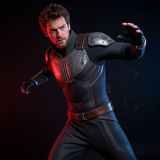 Photograph of a muscular man in black, armored suit with red lighting, striking a dynamic pose against a dark background.