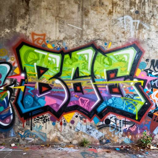 Vibrant graffiti on a weathered concrete wall, featuring bold, colorful letters in green, blue, pink, and yellow with black outlines.