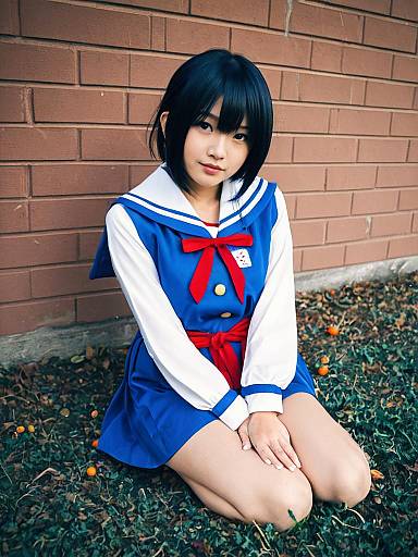 Photograph of an Asian woman with black bob hair, wearing a blue and white Japanese schoolgirl uniform, kneeling on grass by a brick wall.