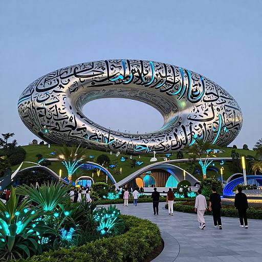 Photograph of a large, silver, circular sculpture with Arabic calligraphy, surrounded by glowing blue plants, people walking, and a twilight sky.