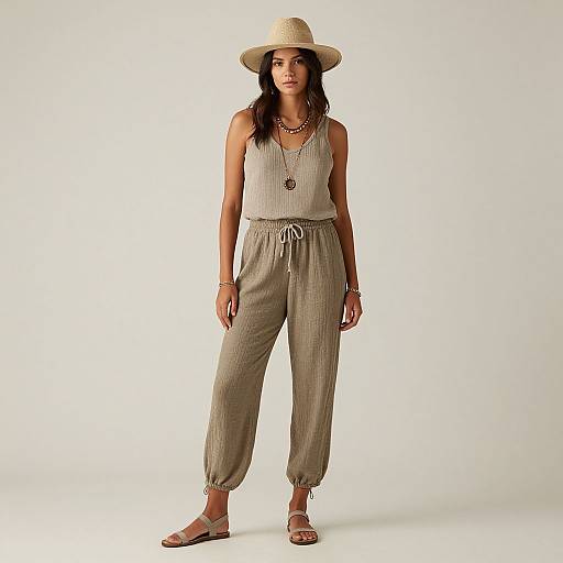 Photograph of a woman in a beige wide-brimmed hat, sleeveless ribbed top, and loose corduroy pants, standing against a