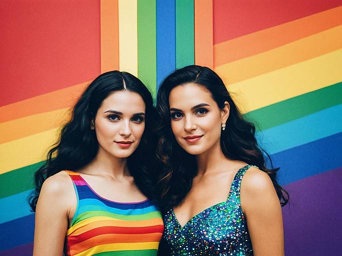 Photograph of two women with long dark hair, one in a rainbow-striped top and the other in a sparkly blue dress, standing against a vibrant