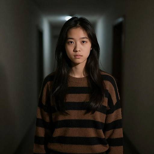 Dimly Lit Woman in Narrow Hallway