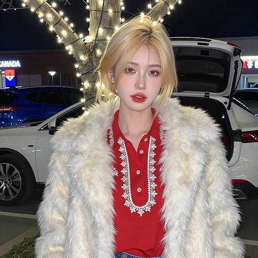 Blonde Woman in White Fur Coat Night Portrait