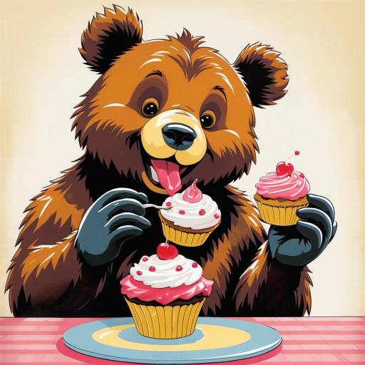Anthropomorphic Bear Enjoying Cupcakes