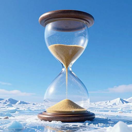Photograph of an hourglass with golden sand against a bright blue sky and icy, snowy background, reflecting sunlight.